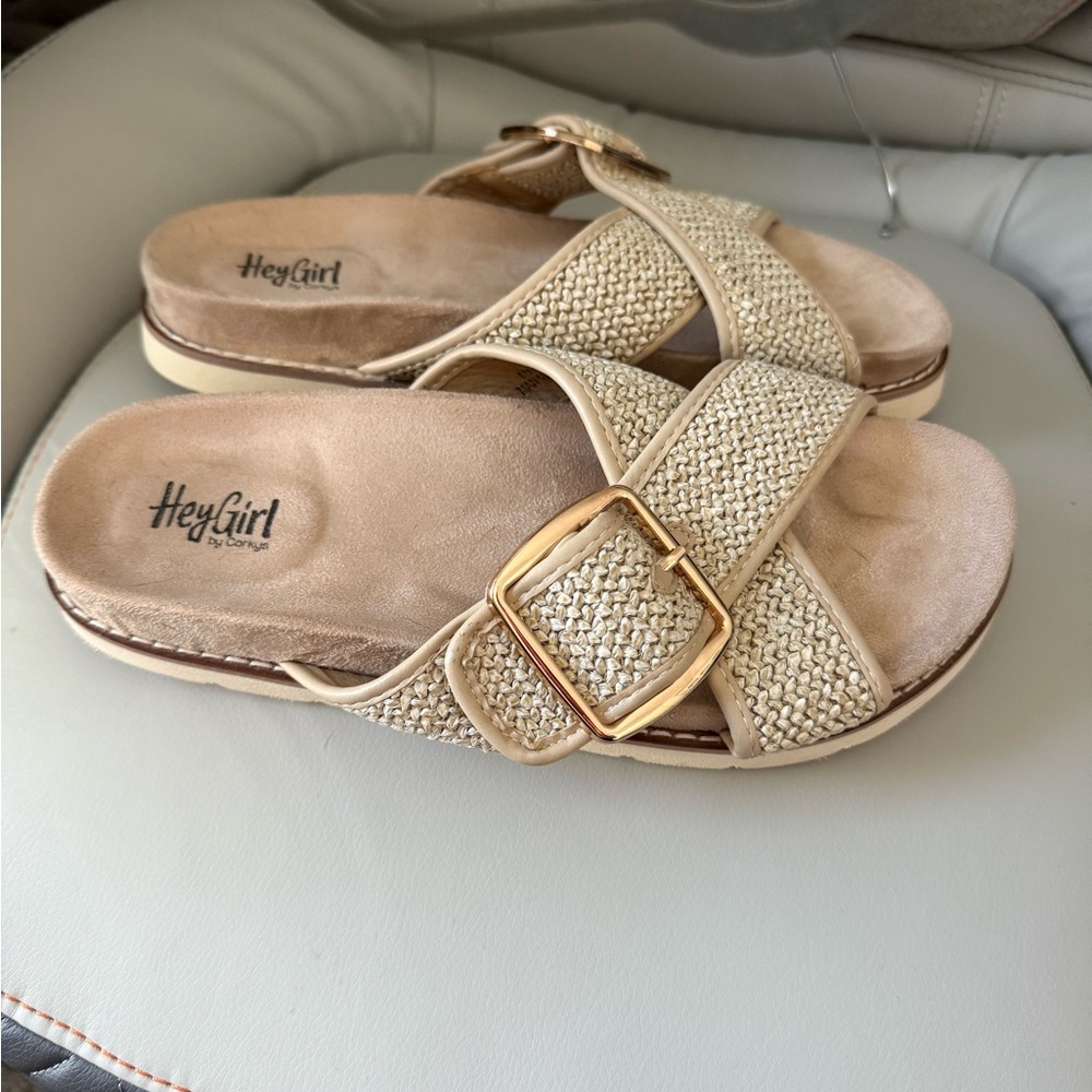 Corkys Beige Woven Slide Sandals with Gold Buckle